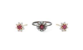 A DIAMOND AND RUBY CLUSTER EARRINGS AND RING