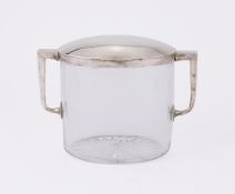 AN EDWARDIAN SILVER MOUNTED AND GLASS OVAL ICE BUCKET