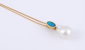 A SOUTH SEA CULTURED PEARL AND BLACK OPAL PENDANT