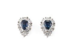 A PAIR OF PEAR SHAPED SAPPHIRE AND DIAMOND CLUSTER EAR STUDS, LONDON 1986