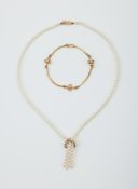 A CULTURED PEARL TASSEL NECKLACE AND A DIAMOND ACCENTED 9 CARAT GOLD BRACELET