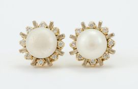 A PAIR OF DIAMOND AND CULTURED PEARL CLUSTER EAR STUDS