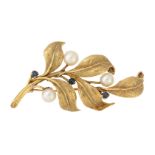 A SAPPHIRE AND CULTURED PEARL BRANCH BROOCH