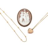 TWO GOLD COLOURED NECKLACES AND A SHELL CAMEO BROOCH