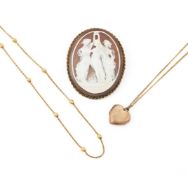 TWO GOLD COLOURED NECKLACES AND A SHELL CAMEO BROOCH