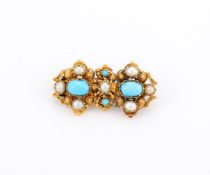 A MID 19TH CENTURY GOLD, TURQUOISE AND PEARL CANNETILLE BROOCH