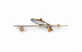 ALABASTER & WILSON, AN ENAMELLED TROUT AND FISHING ROD BROOCH