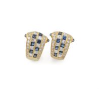 A PAIR OF SAPPHIRE AND DIAMOND PANEL EARRINGS, LONDON 1988 IMPORT MARK