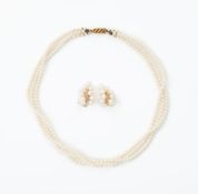 Y A THREE STRAND CULTURED PEARL NECKLACE AND A PAIR OF SIMILAR EARRINGS