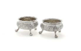 A MATCHED PAIR OF GEORGE III SILVER CAULDRON SALTS