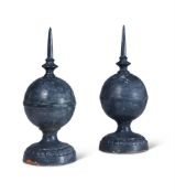 A PAIR OF WEATHERED CAST IRON SPIKED BALL FINIALS, 20TH CENTURY