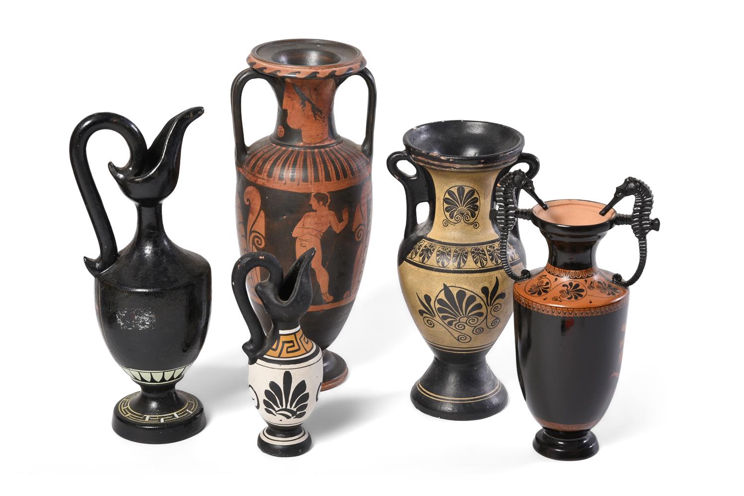 TEN VARIOUS COLD PAINTED TERRACOTTA GREEK STYLE VASES AND JUGS AFTER THE ANTIQUE - Image 4 of 5