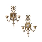 A PAIR OF GILT METAL AND BLUE WEDGWOOD JASPERWARE TWIN BRANCH WALL LIGHTS LATE 19TH CENTURY