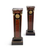 A PAIR OF EBONISED, AMBOYNA AND GILT METAL MOUNTED PEDESTALS LATE 19TH CENTURY