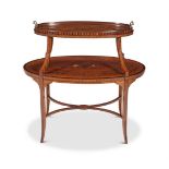 A LATE VICTORIAN MAHOGANY, SATINWOOD AND MARQUETRY TRAY TOP ETAGERE CIRCA 1900