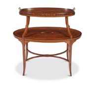 A LATE VICTORIAN MAHOGANY, SATINWOOD AND MARQUETRY TRAY TOP ETAGERE CIRCA 1900