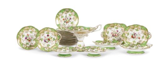 AN ENGLISH PORCELAIN ROCOCCO REVIVAL GREEN GROUND PART DESSERT SERVICE