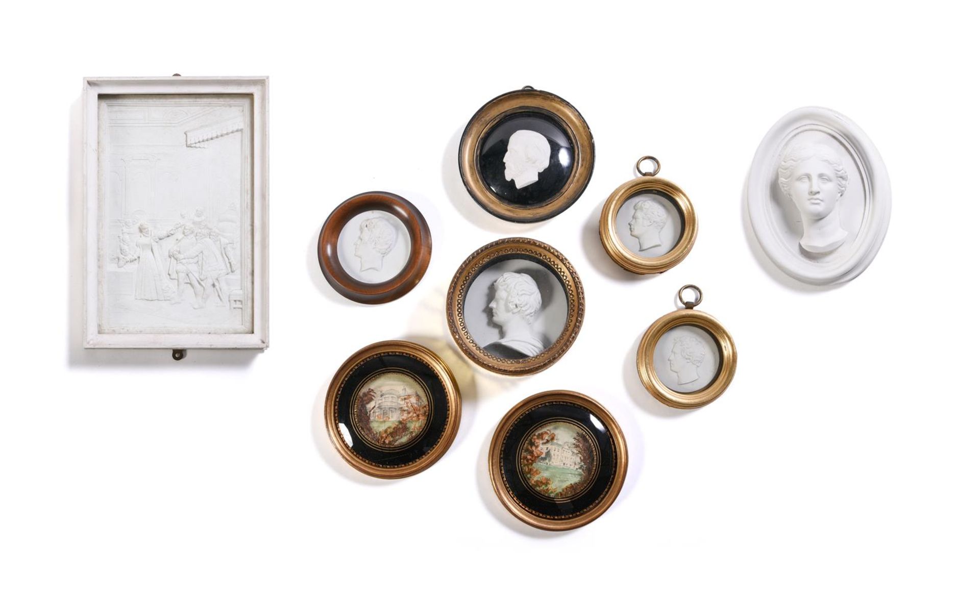 A GROUP OF FIVE RELIEF PORTRAIT MEDALLIONS 20TH CENTURY