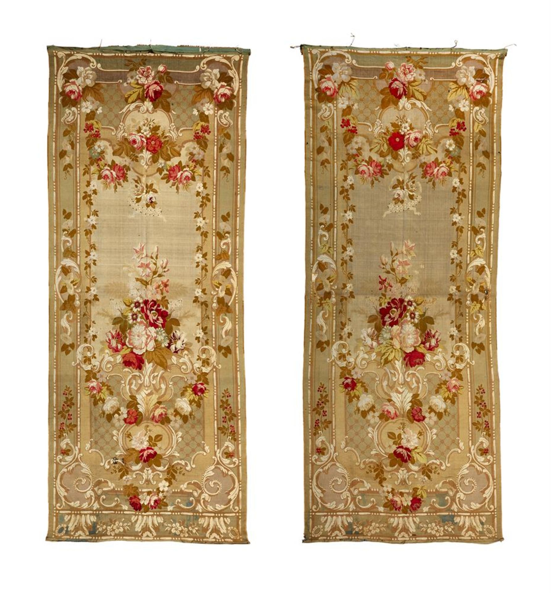 A PAIR OF ENTRE FENETRE WALL HANGINGS IN THE AUBUSSON STYLE