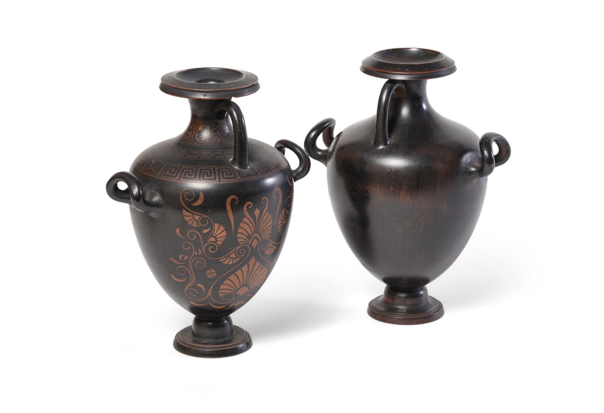 A PAIR OF CONTINENTAL COLD PAINTED TERRACOTTA HYDRIA VASES LATE 19TH CENTURY - Image 2 of 2