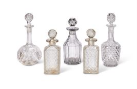 FIVE CUT GLASS DECANTERS WITH STOPPERS, LATE 19TH AND 20TH CENTURY
