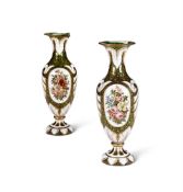 A PAIR OF BOHEMIAN GREEN AND WHITE OVERLAY GLASS VASES CIRCA 1860