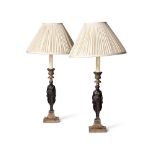 A PAIR OF EMPIRE STYLE BRONZE AND PATINATED METAL FIGURAL TABLE LAMPS 20TH CENTURY