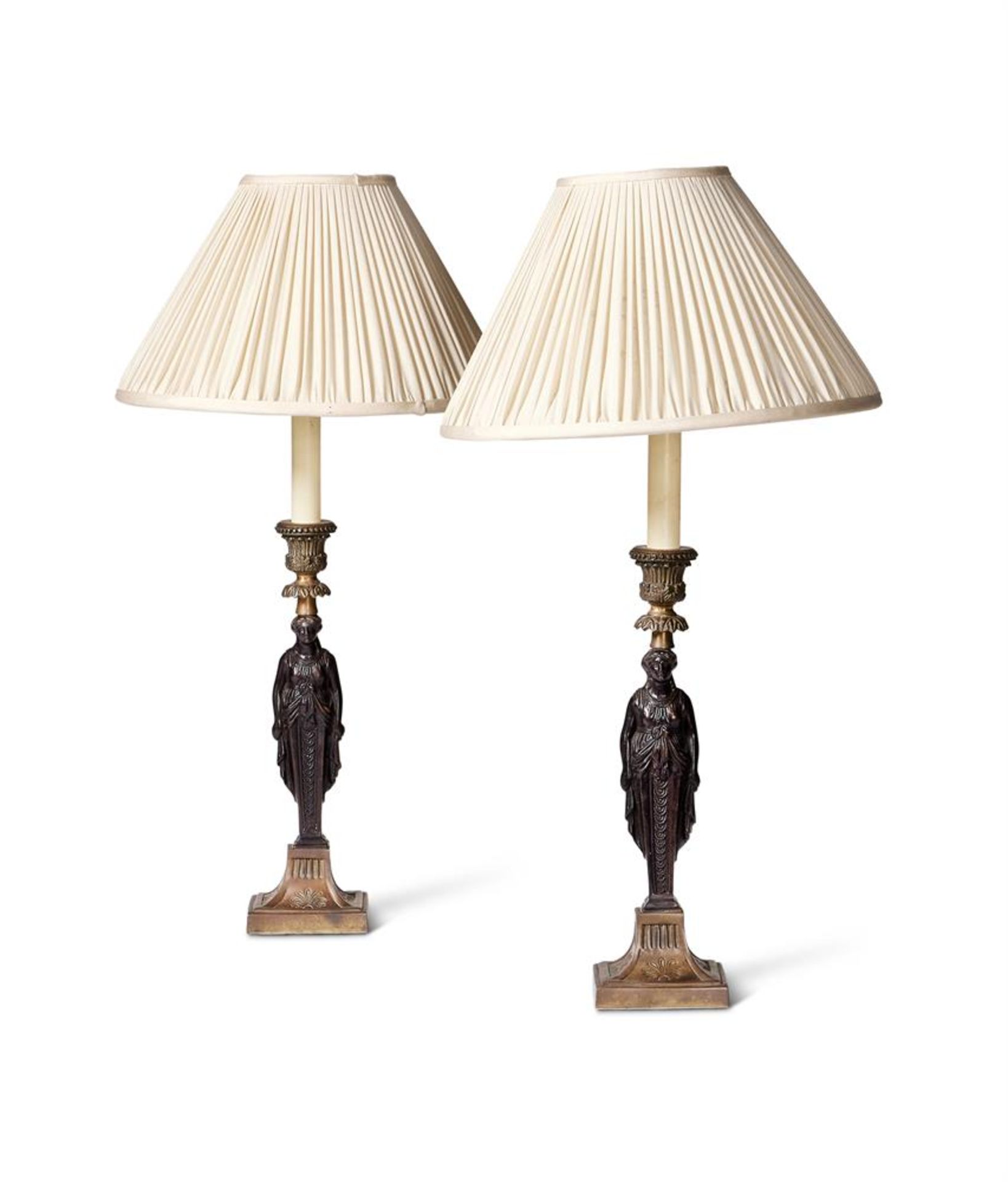 A PAIR OF EMPIRE STYLE BRONZE AND PATINATED METAL FIGURAL TABLE LAMPS 20TH CENTURY