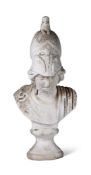 AFTER THE ANTIQUE- A WEATHERED RECONSTITUTED STONE BUST OF MINERVA, 20TH CENTURY