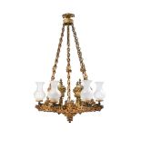 A REGENCY GILT BRONZE SIX LIGHT COLZA CHANDELIER BY JAMES SMETHURST CIRCA 1810-1830