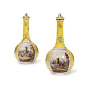 A PAIR OF DRESDEN YELLOW-GROUND PORCELAIN BOTTLE-VASES AND COVERS CIRCA 1900
