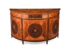 Y A GEORGE III SATINWOOD, ROSEWOOD, SYCAMORE, EBONY AND MARQUETRY DEMI-LUNE COMMODE