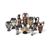 TEN VARIOUS COLD PAINTED TERRACOTTA GREEK STYLE VASES AND JUGS AFTER THE ANTIQUE