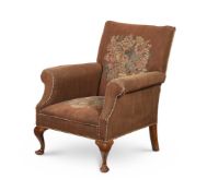 A WALUT AND MOQUETTE UPHOLSTERED ARMCHAIR FIRST QUARTER 20TH CENTURY