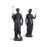 A PAIR OF EBONISED PLASTER FEMALE TORCHERE FIGURES BY HENRY HOPPER EARLY 19TH CENTURY AND LATER