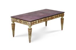 A FRENCH GREEN PAINTED AND PARCEL GILT CARVED LOW TABLE LATE 19TH/EARLY 20TH CENTURY