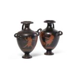 A PAIR OF CONTINENTAL COLD PAINTED TERRACOTTA HYDRIA VASES LATE 19TH CENTURY