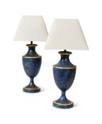 A PAIR OF BLUE TOLEWARE LAMPS, 20TH CENTURY