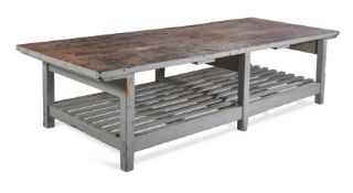A GREY PAINTED RUSTIC TABLE, 20TH CENTURY ELEMENTS AND LATER