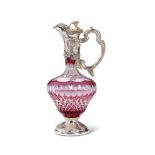 A SILVER-PLATE MOUNTED RUBY-FLASHED AND CUT-GLASS CLARET JUG FOR GARRARD'S LONDON MODERN