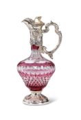 A SILVER-PLATE MOUNTED RUBY-FLASHED AND CUT-GLASS CLARET JUG FOR GARRARD'S LONDON MODERN