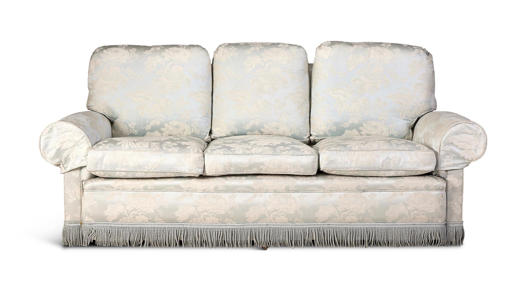 A DAMASK UPHOLSTERED THREE-SEAT SOFAIN THE MANNER OF HOWARD & SONS - Image 2 of 3