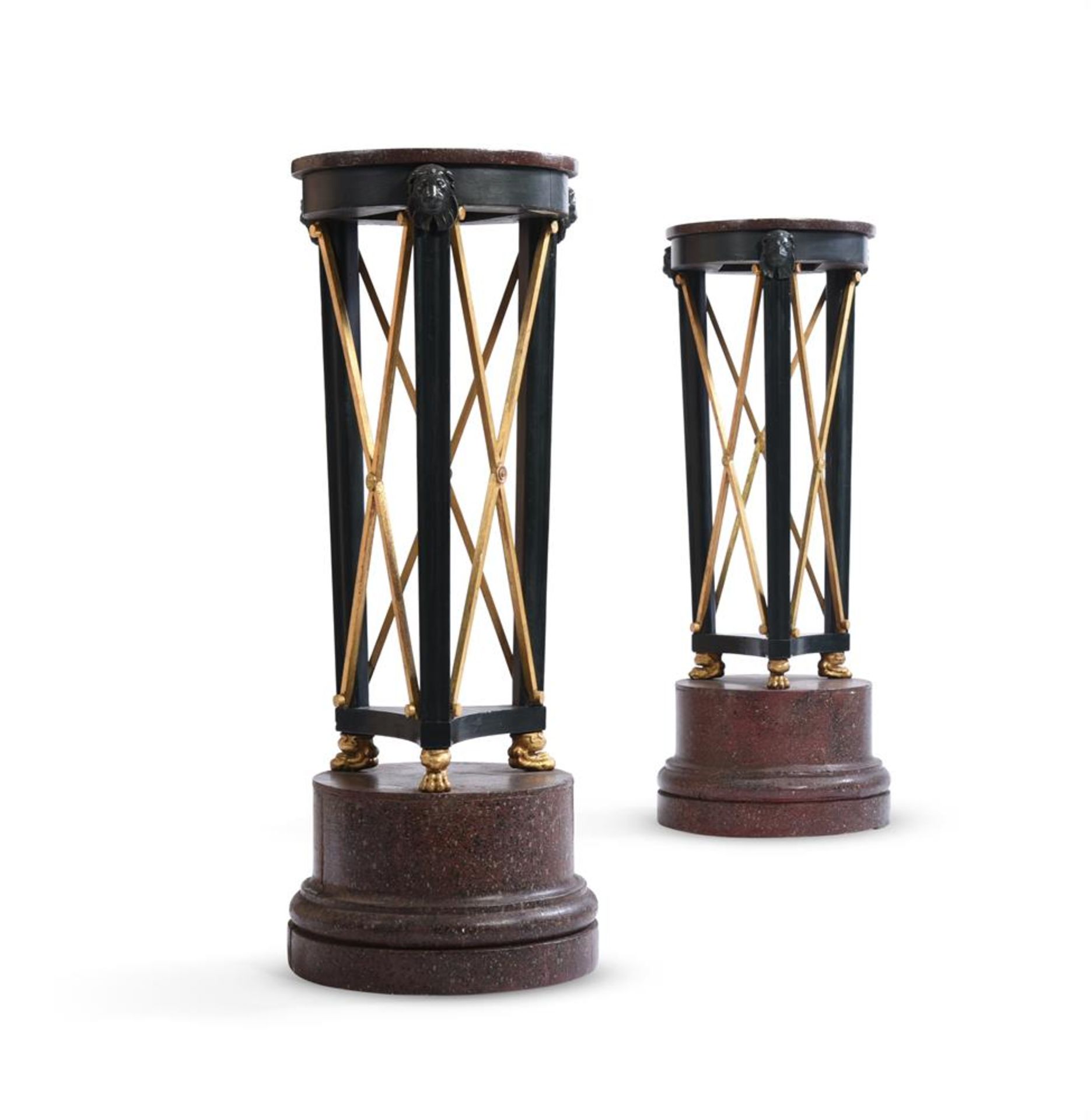 A PAIR OF EBONISED, PARCEL GILT AND SIMULATED PORPHYRY TORCHERES