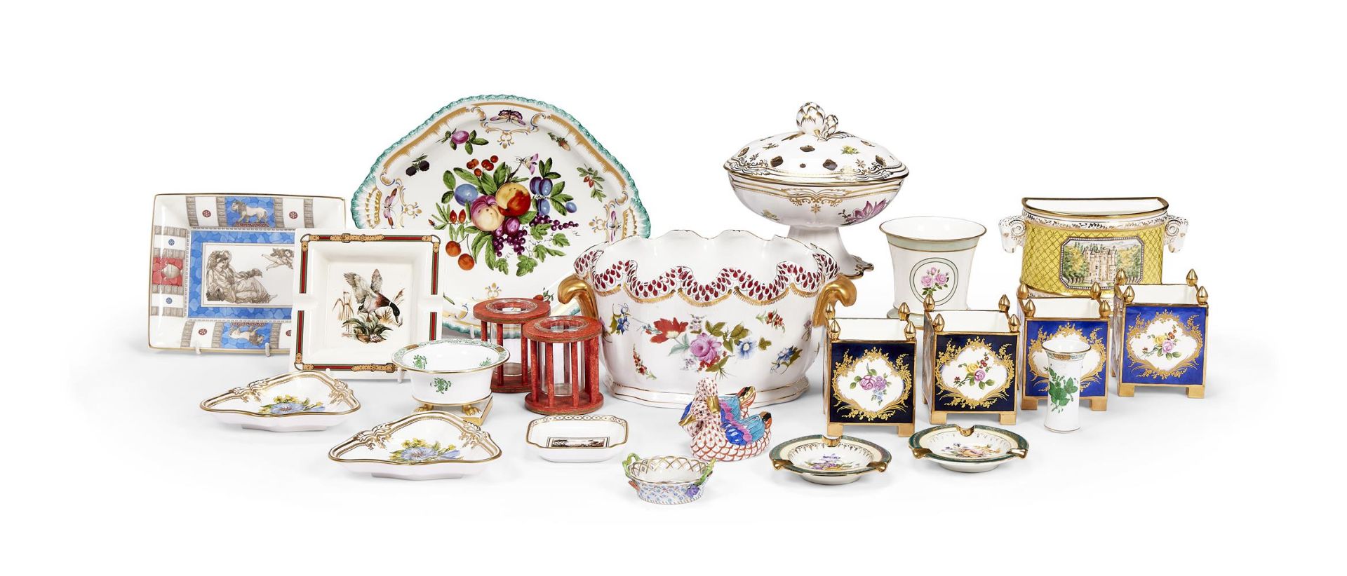 A GROUP OF MODERN PORCELAIN AFTER 18TH CENTURY EXAMPLES INCLUDING