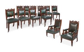 A SET OF TWELVE LATE VICTORIAN WALNUT AND GREEN LEATHER UPHOLSTERED DINING CHAIRS CIRCA 1890