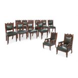 A SET OF TWELVE LATE VICTORIAN WALNUT AND GREEN LEATHER UPHOLSTERED DINING CHAIRS CIRCA 1890