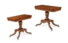 A PAIR OF WILLIAM IV BURR OAK AND BRASS INLAID PEDESTAL CARD TABLES SCOTTISH