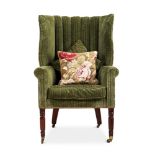 A MAHOGANY AND UPHOLSTERED 'BARREL' BACK ARMCHAIR CIRCA 1820 AND LATER