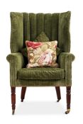A MAHOGANY AND UPHOLSTERED 'BARREL' BACK ARMCHAIR CIRCA 1820 AND LATER