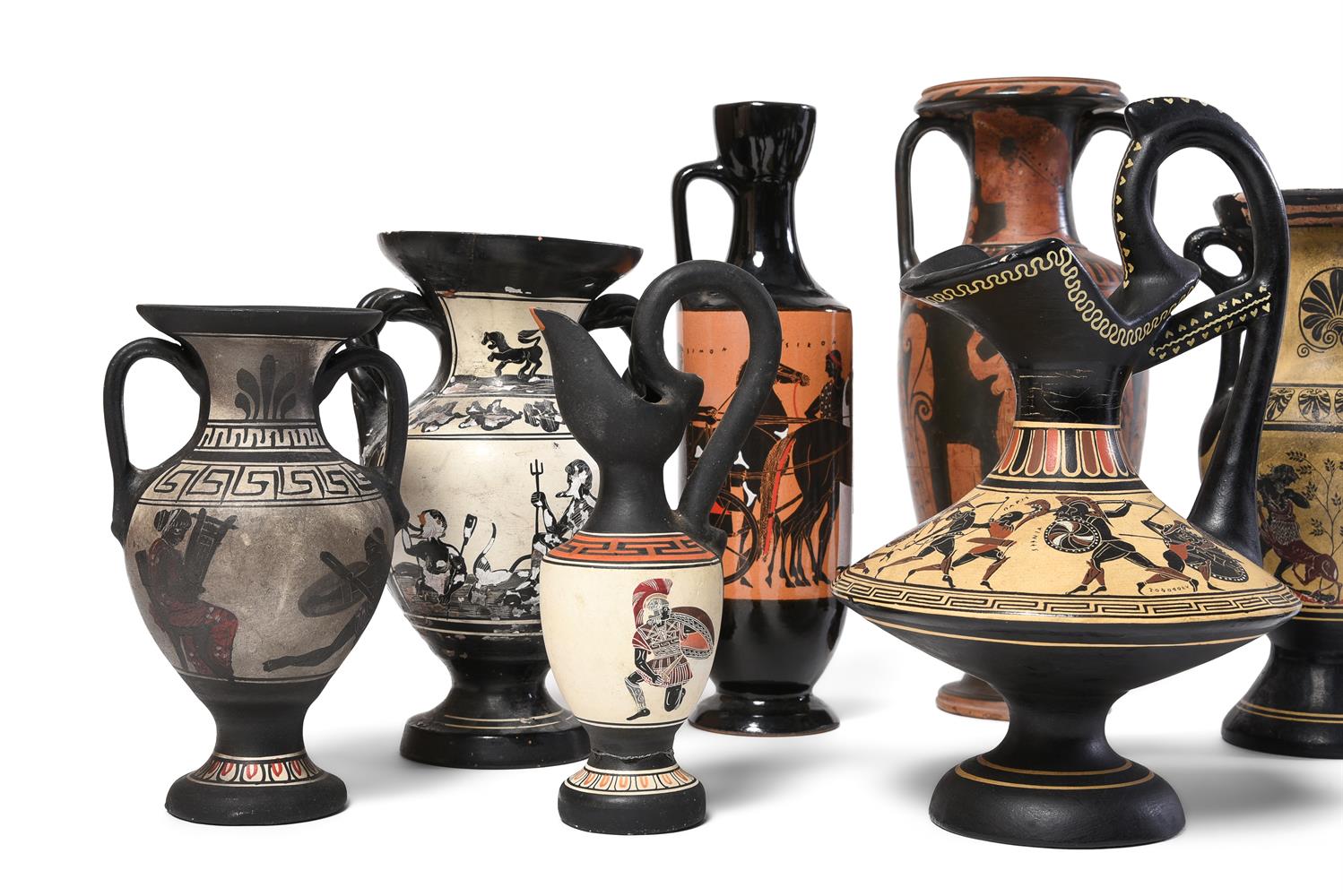 TEN VARIOUS COLD PAINTED TERRACOTTA GREEK STYLE VASES AND JUGS AFTER THE ANTIQUE - Image 3 of 5